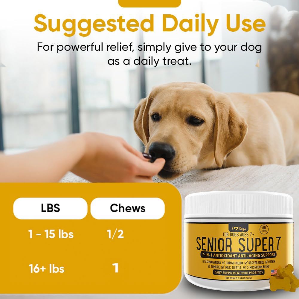 iHeartDogs Senior Super 7 label closeup highlighting key ingredients and benefits.