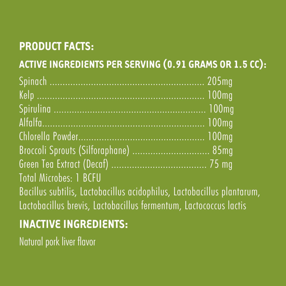 iHeartDogs Super Greens bag front highlighting broccoli sprouts and spirulina ingredients.
