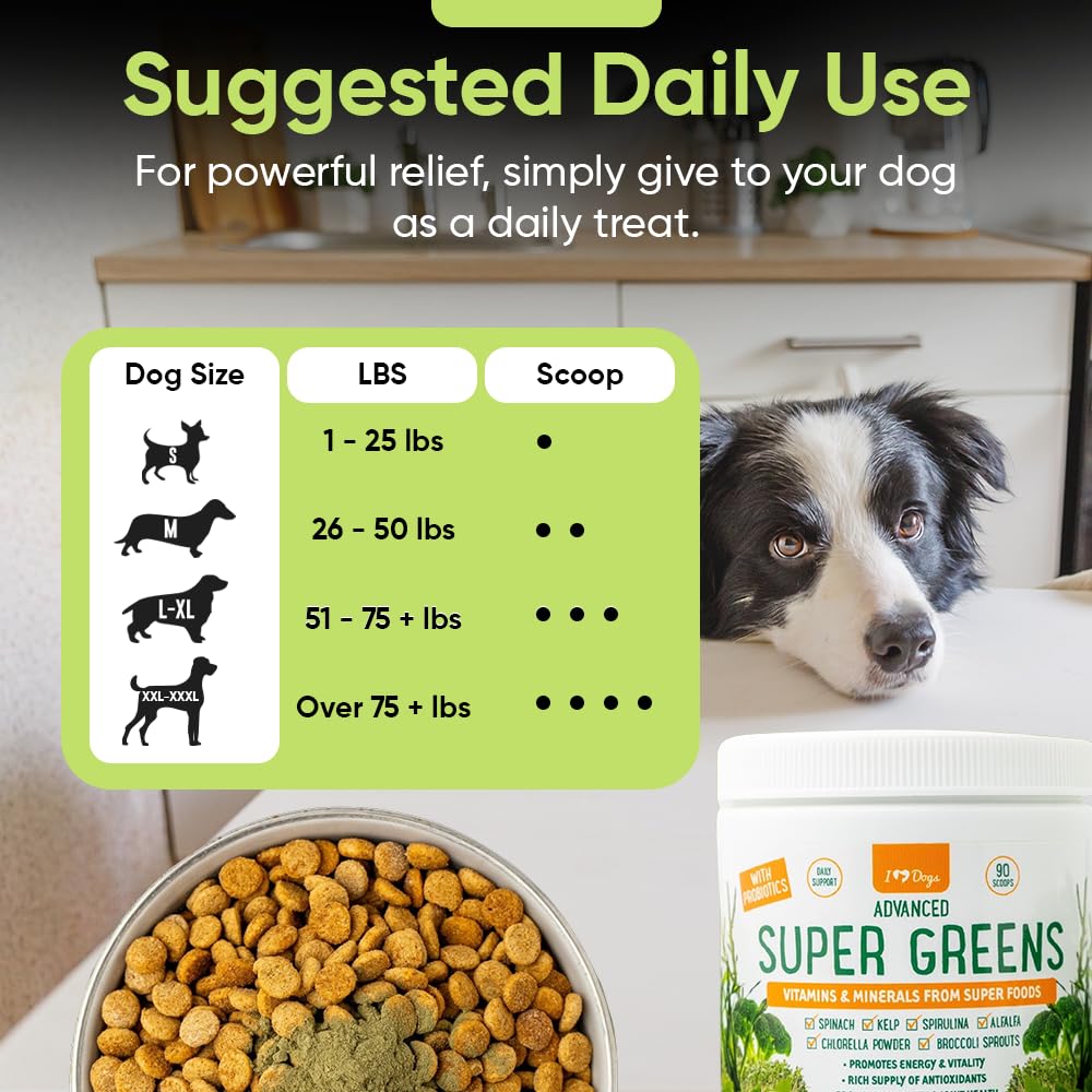 iHeartDogs Super Greens shown on coat for a healthy shine after feeding.