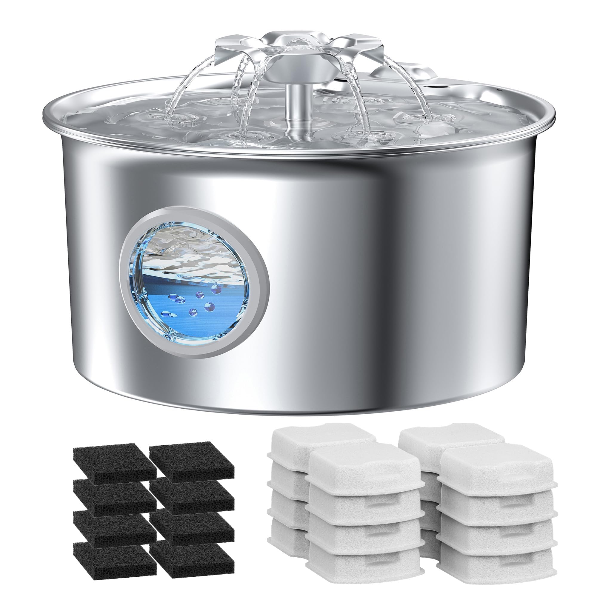IHOUONE pet water fountain 2.6L front view ensures steady hydration for pets.