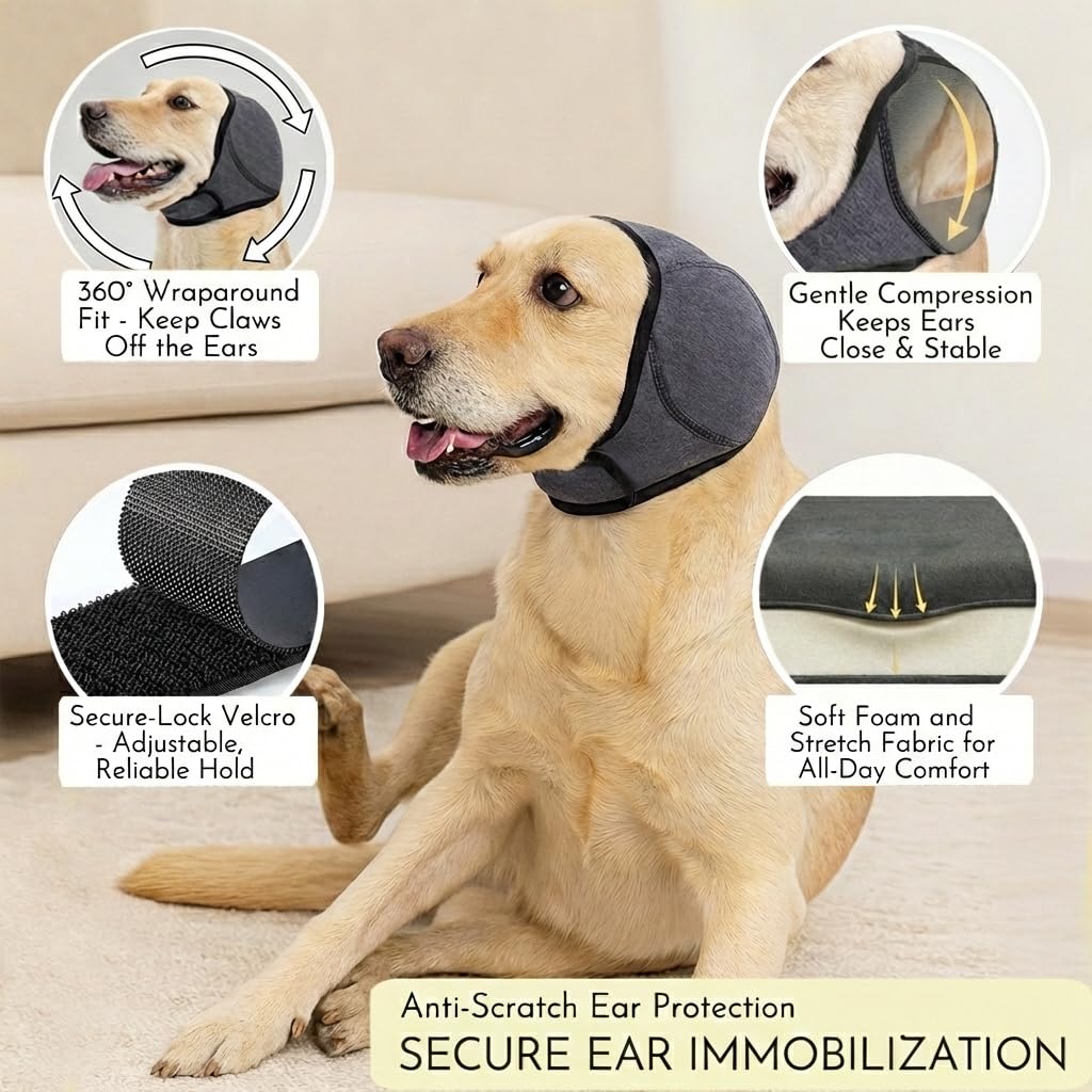 iKeep No-Shake Ear Wraps feature adjustable Velcro for secure fit on large breeds.
