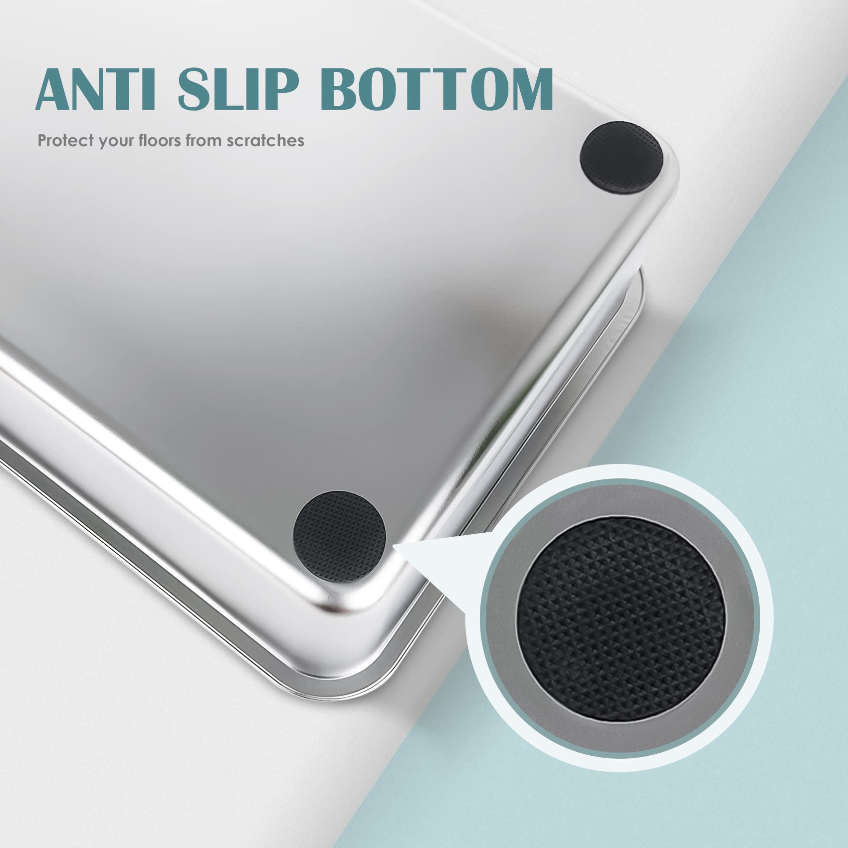 IKITCHEN stainless steel litter box anti-slip rubber feet protect floors.