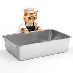 IKITCHEN stainless steel cat litter box front view with high sides for containment.