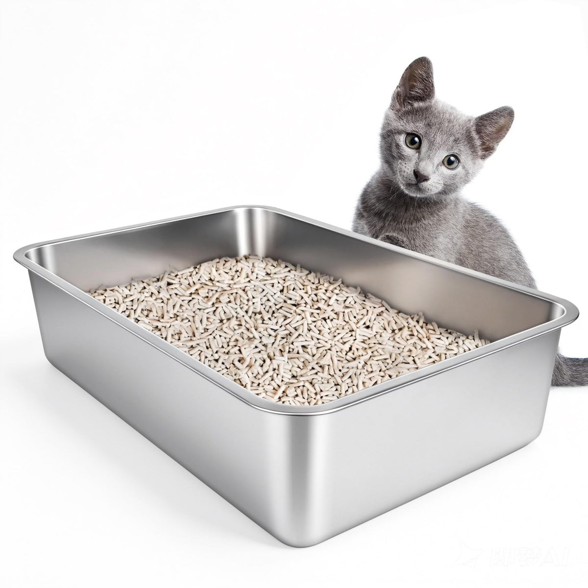 IKITCHEN stainless steel cat litter box large shown; durable design resists rust and scratches.