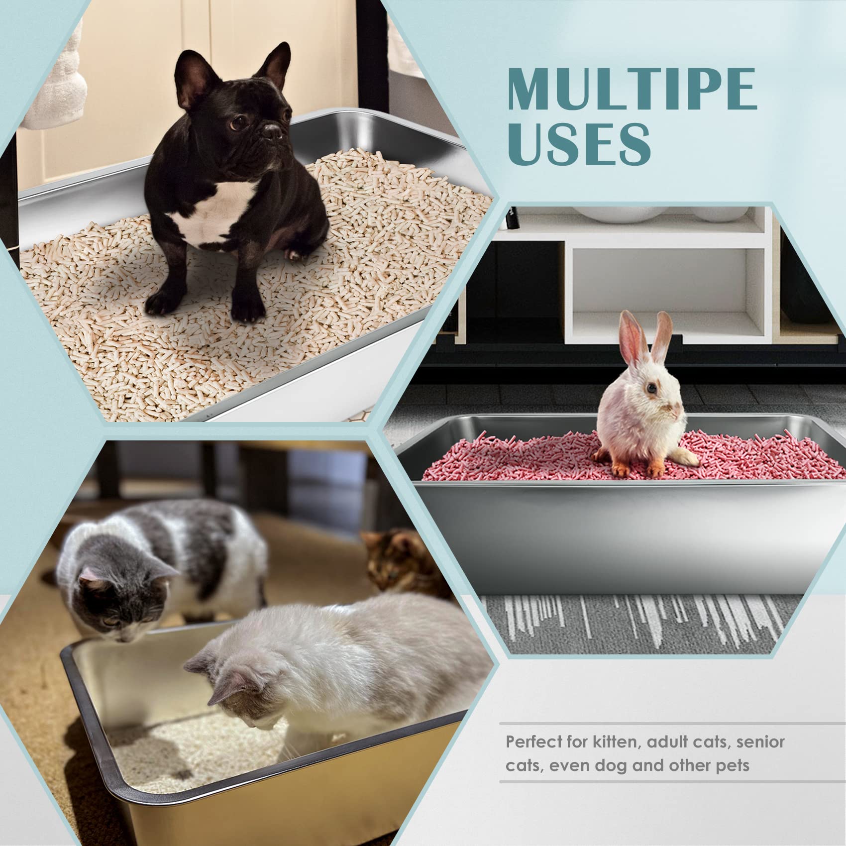 IKITCHEN stainless steel litter box interior view shows smooth non-stick surface for quick wipe.