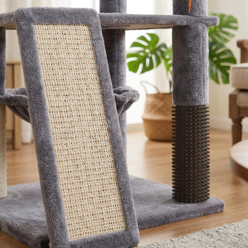 Ikviier cat tree with interactive toys to spark hunting instincts.