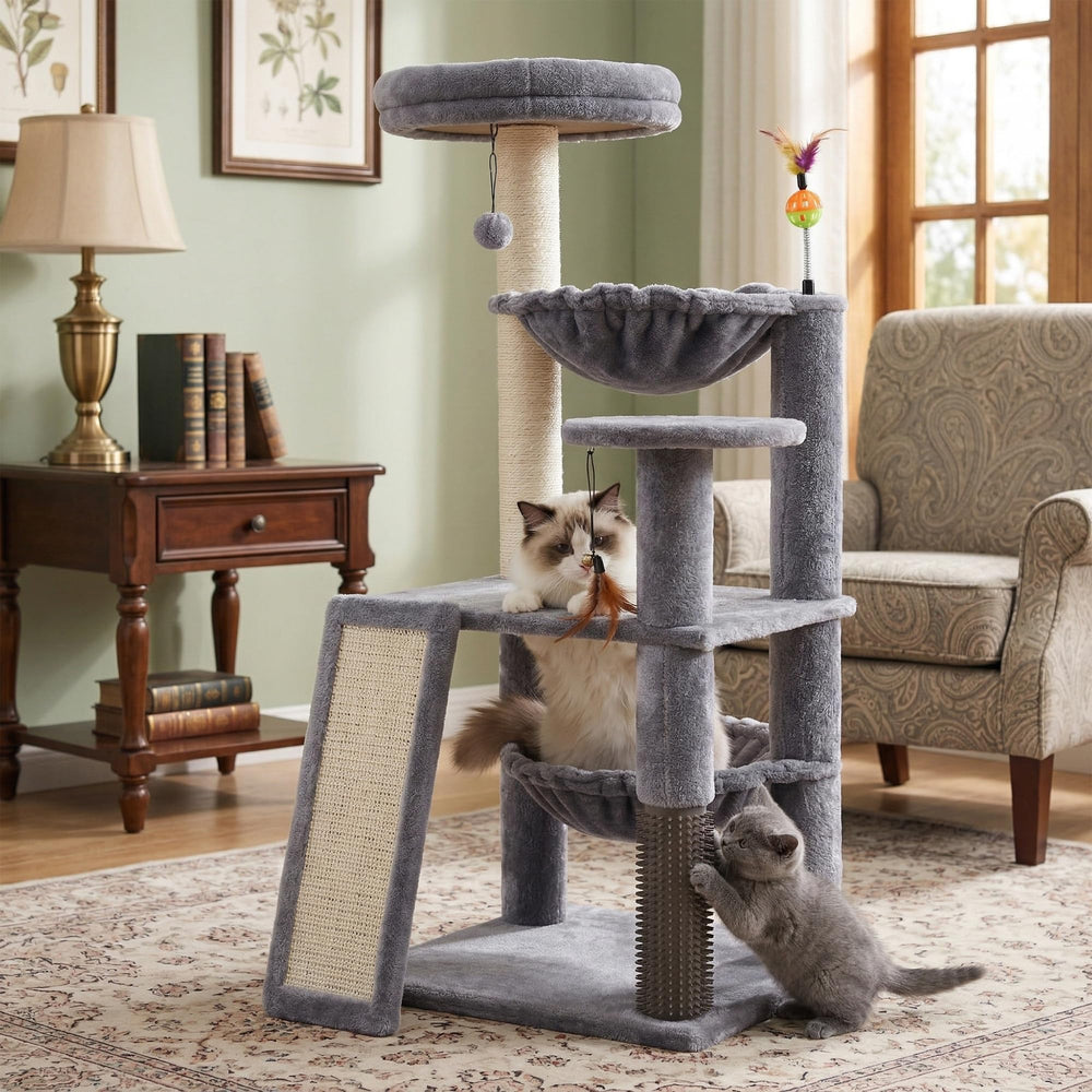 Ikviier modern gray cat tree blends with contemporary home décor.
