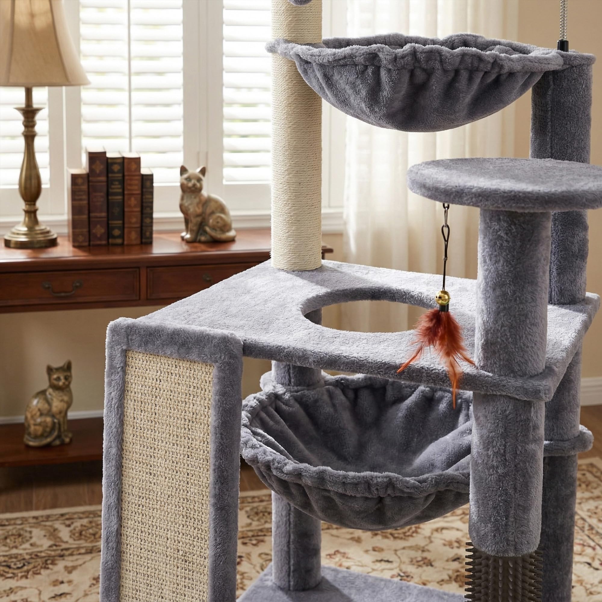 Ikviier cat tree shows a scratch ladder for safe scratching and play.