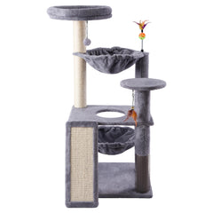 Ikviier multi-level cat tree in indoor gray, designed for height and exploration.