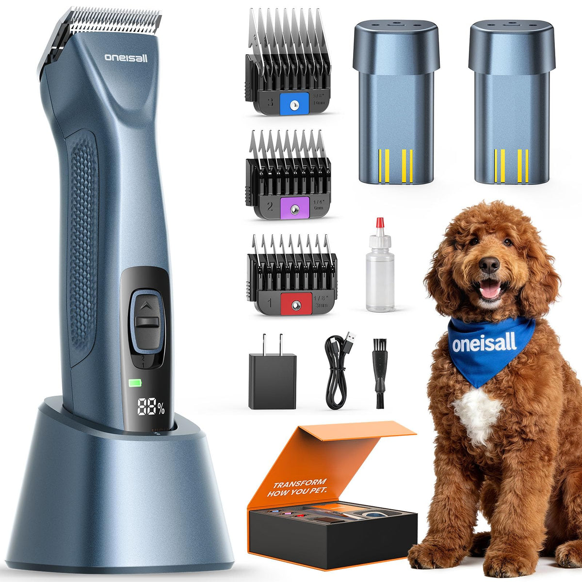 Oneisall Professional Dog Clippers – Dual Battery, 2-Speed, A5 Blade