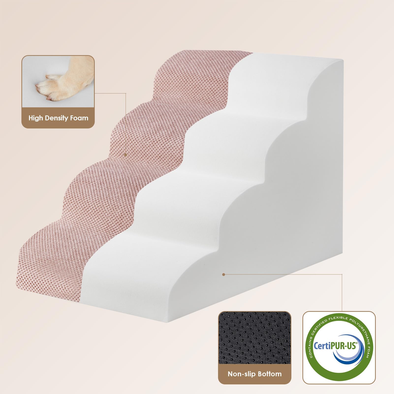 EHEYCIGA Curved Dog Stairs - 19.7 in High, 4-Step Ramp for High Beds, Dusty Pink, Non-Slip