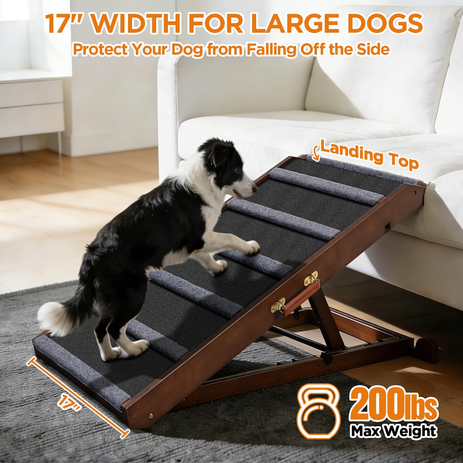 AIMSEAL Dog Ramp for Bed - 17-inch Extra-Wide, Non-Slip Rubber, Adjustable, Walnut Wood