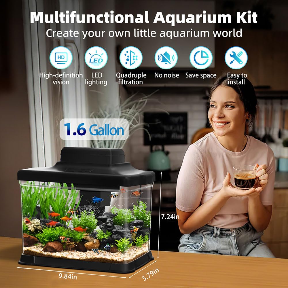 DaToo 1.6 Gallon Ultra-Clear Aquarium Starter Kit with LED Lighting & Quadruple Filtration