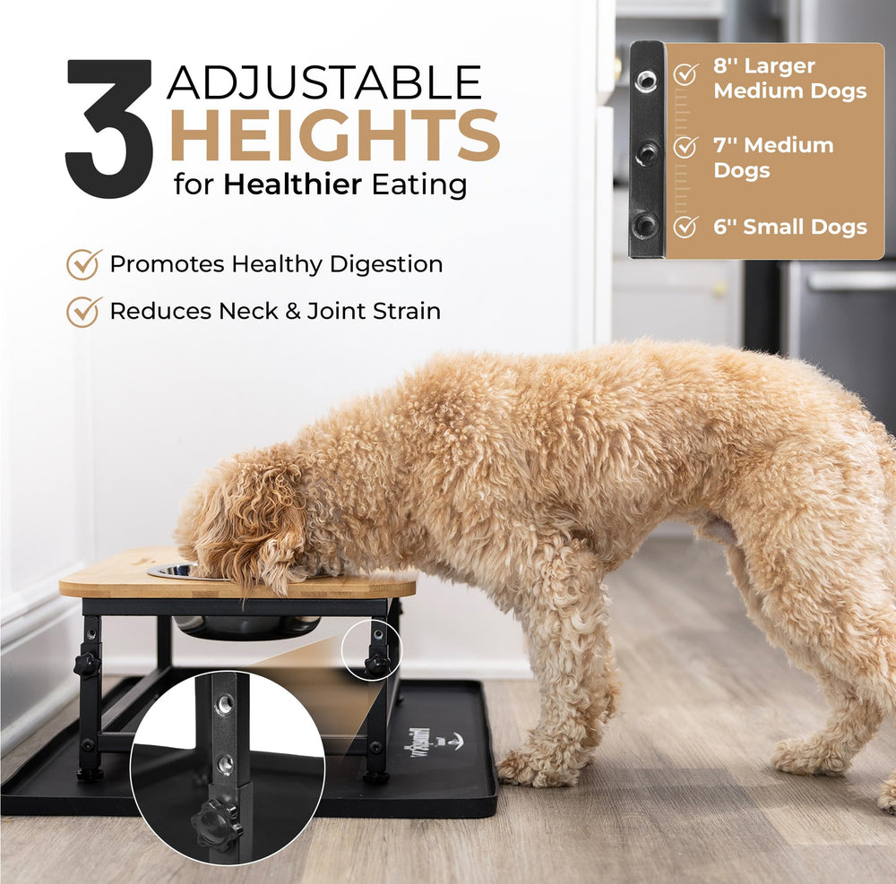 Bamboo stand provides a durable, stylish feeding station.