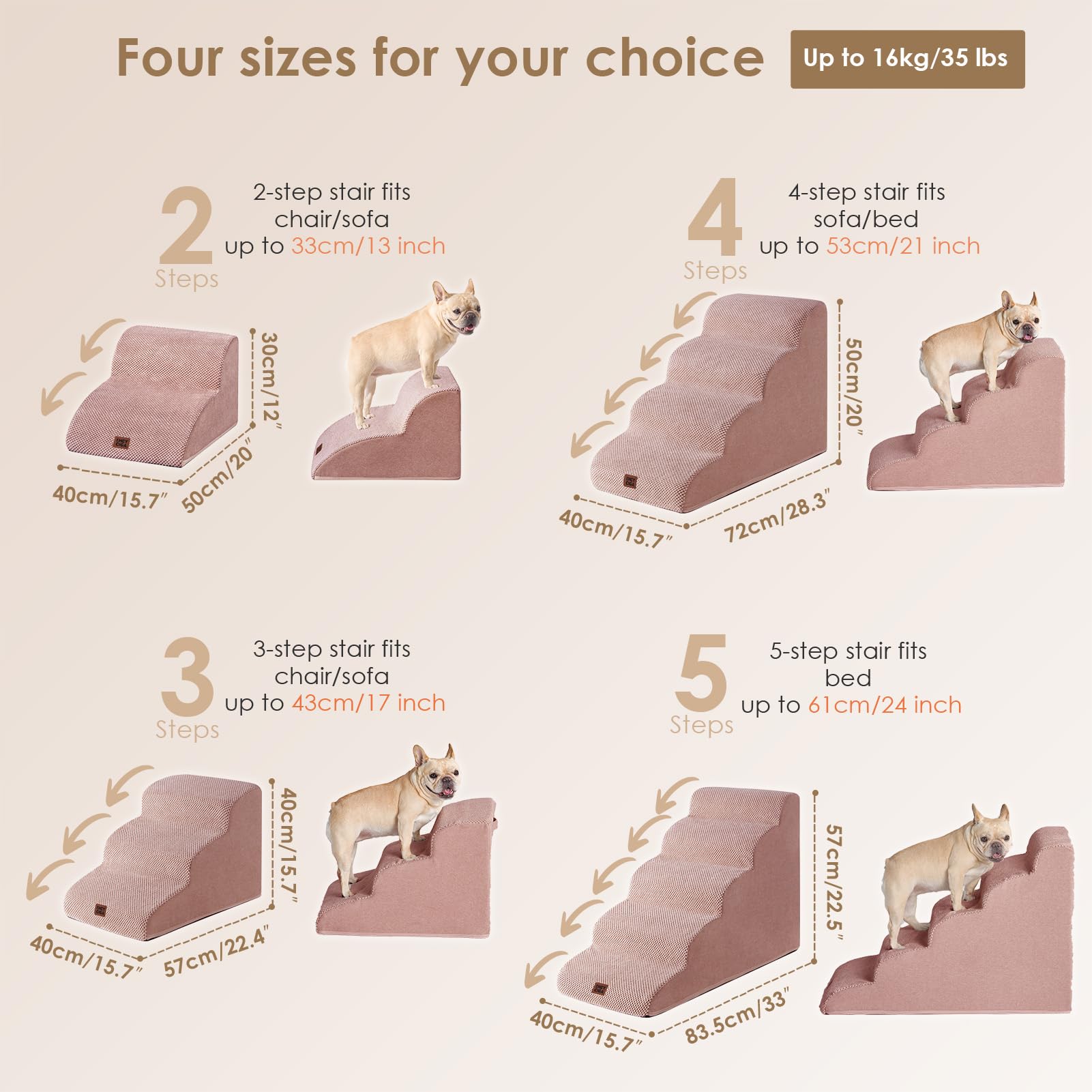 EHEYCIGA Curved Dog Stairs - 19.7 in High, 4-Step Ramp for High Beds, Dusty Pink, Non-Slip