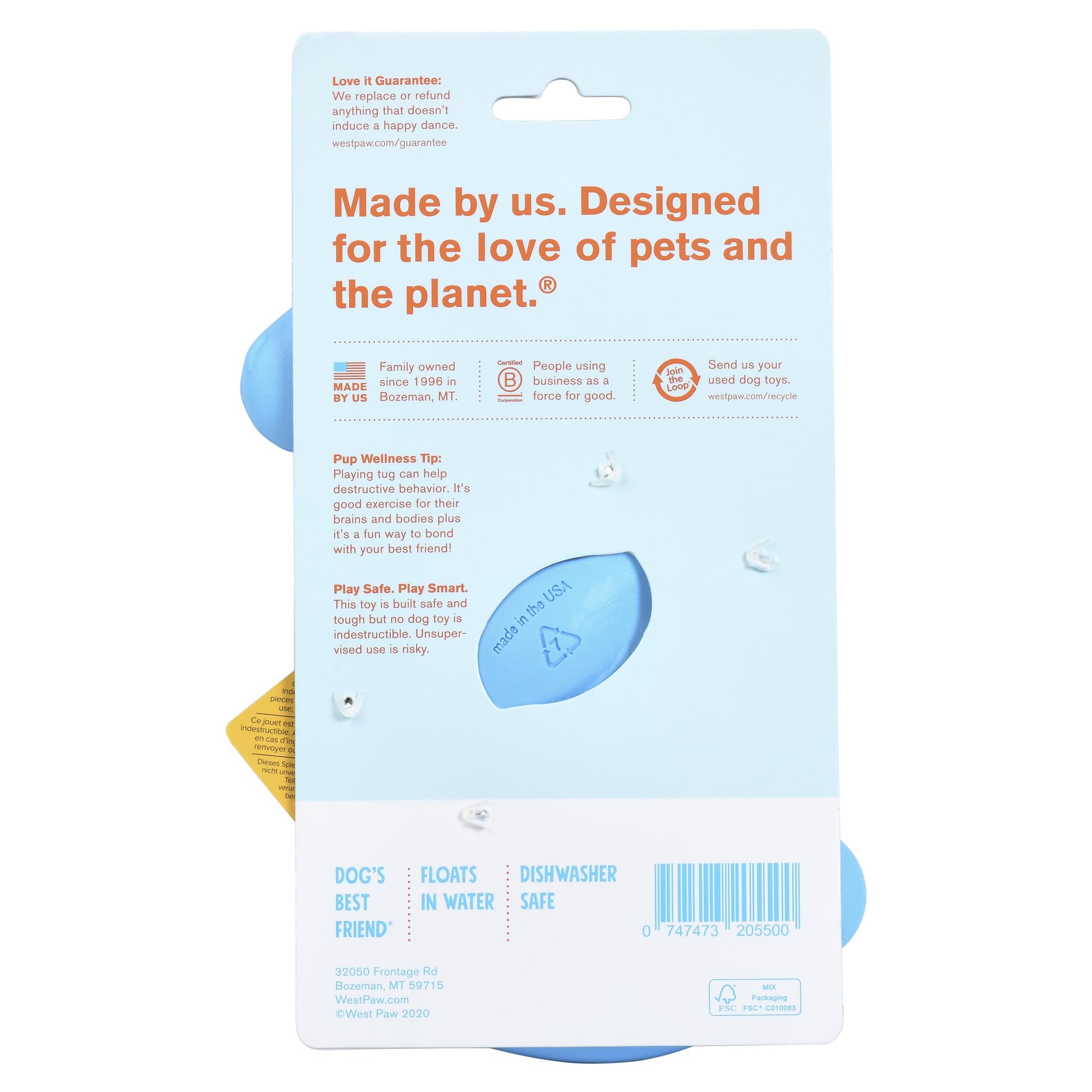 West Paw Zogoflex Bumi Toy - S-Shaped Tug & Fetch, Small 8-inch, Aqua Blue, Latex-Free