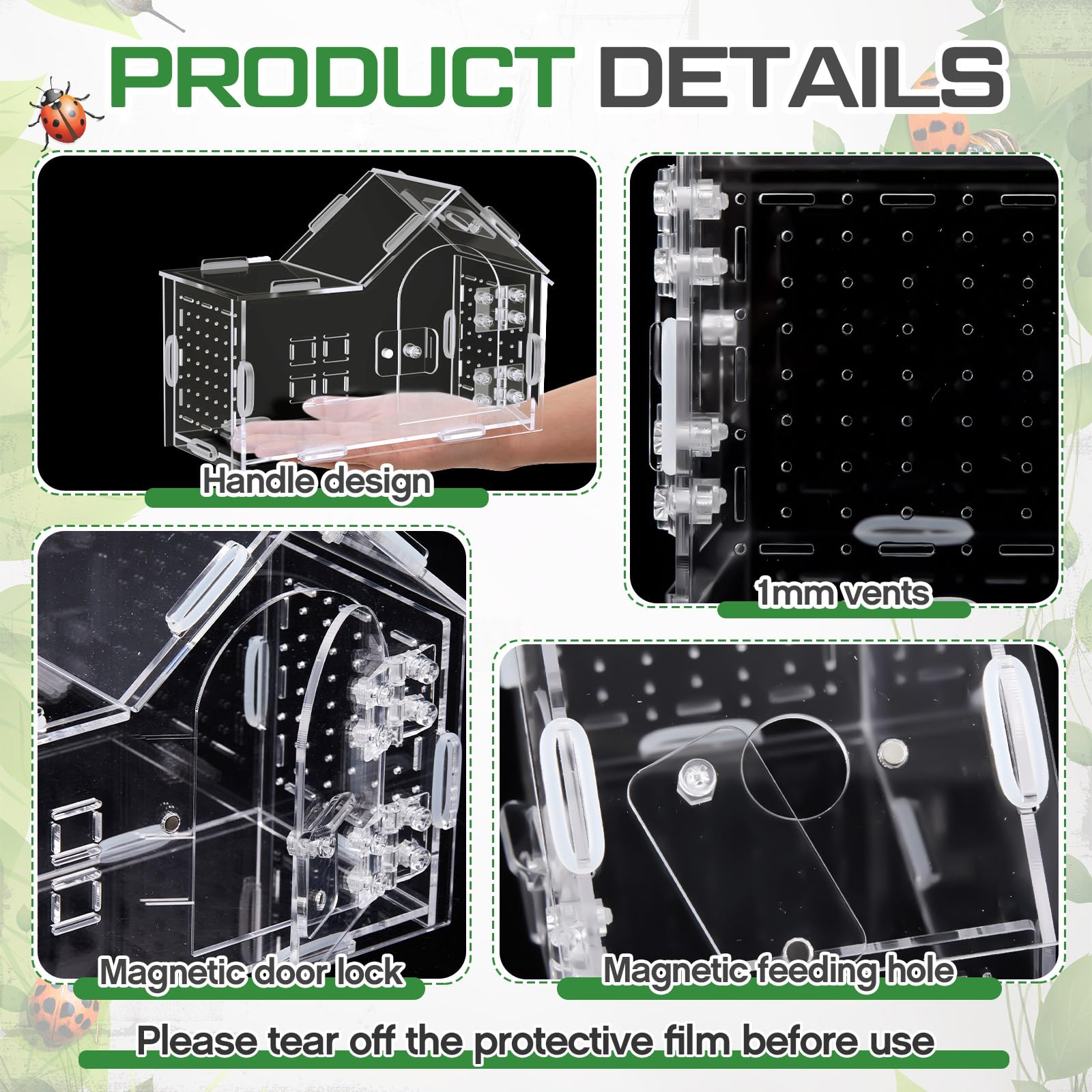 Teenyyou Large Jumping Spider Enclosure – 7.9 x 5.9 x 3.9 in Acrylic Tarantula Habitat with Magnetic Door