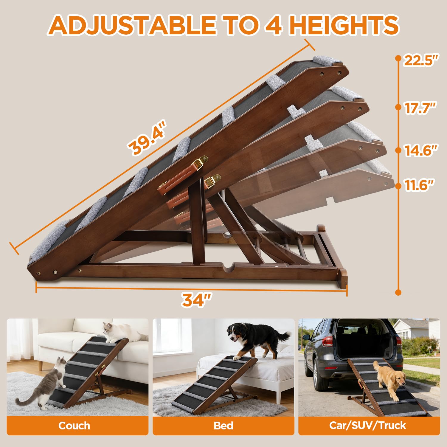 AIMSEAL Dog Ramp for Bed - 17-inch Extra-Wide, Non-Slip Rubber, Adjustable, Walnut Wood