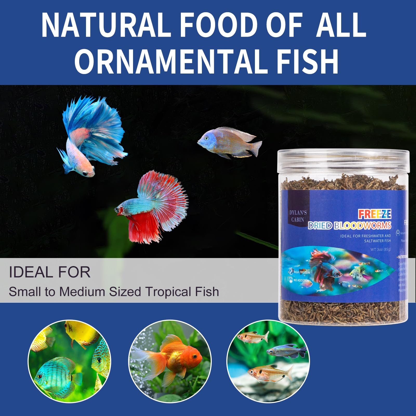 Dylan's cabin Freeze Dried Blood Worms - High Protein Fish Food (85g) for Freshwater & Saltwater