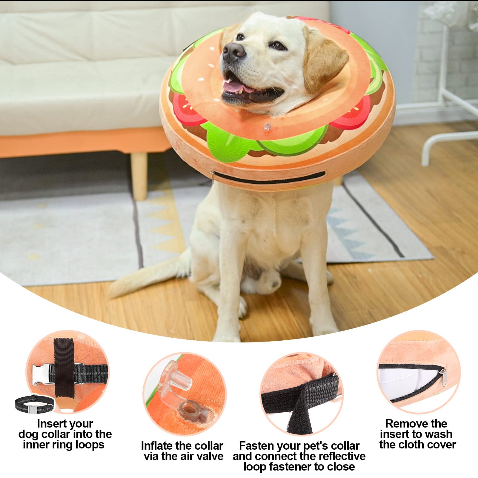 BEAUTYZOO Soft Inflatable Donut Dog Cone Collar – Large (L) for Dogs & Cats, Brown Burger