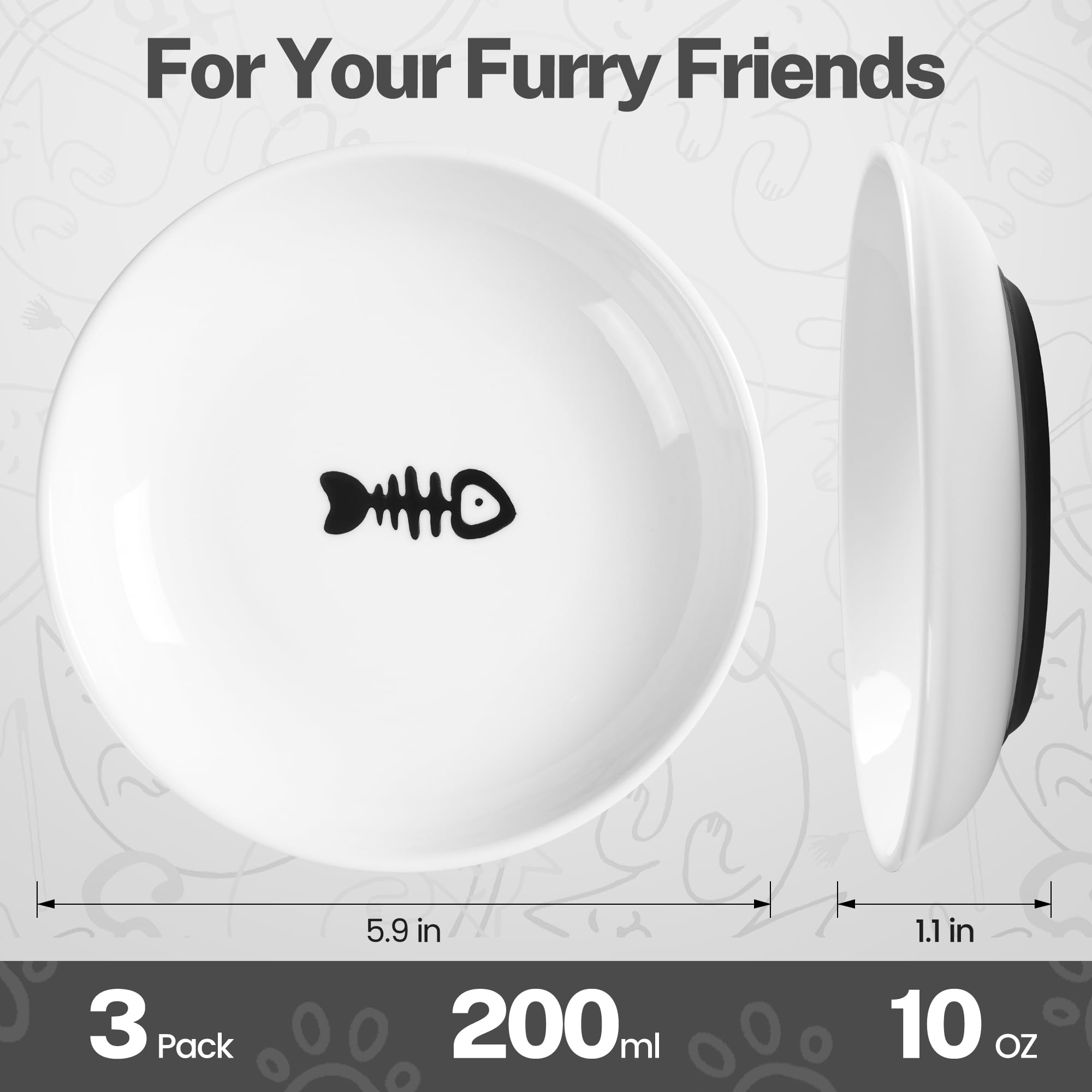 Kitwinney Cat Food Bowl – Whisker-Friendly Ceramic Bowls with Non-Slip Silicone Bottom (Pack of 3)