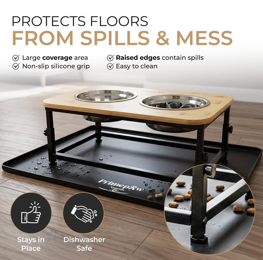 Large silicone mat catches spills and protects floors.