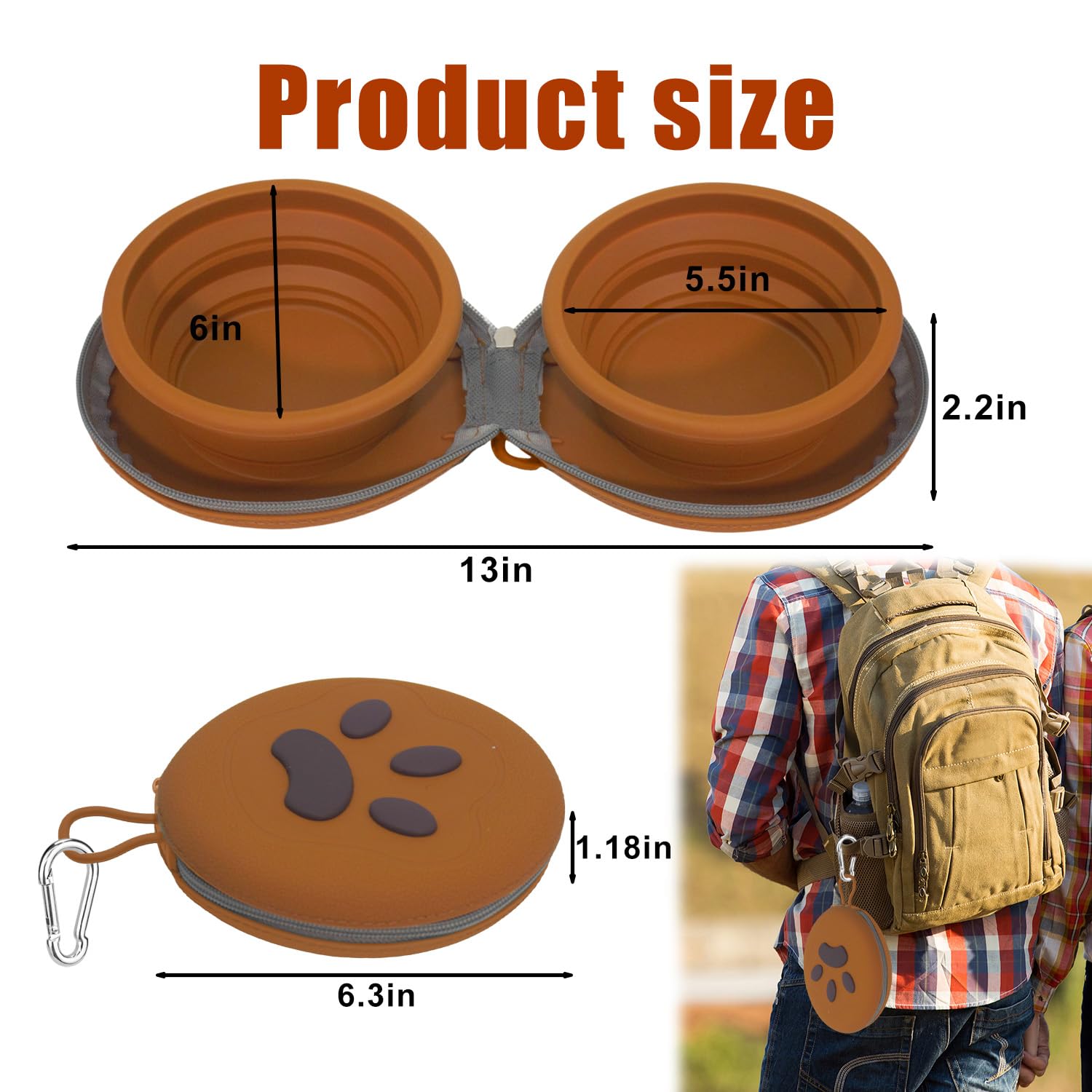 Gdsun Collapsible 2-in-1 Silicone Dog Bowl with Carabiner | Portable Travel Food & Water Dish (Brown)
