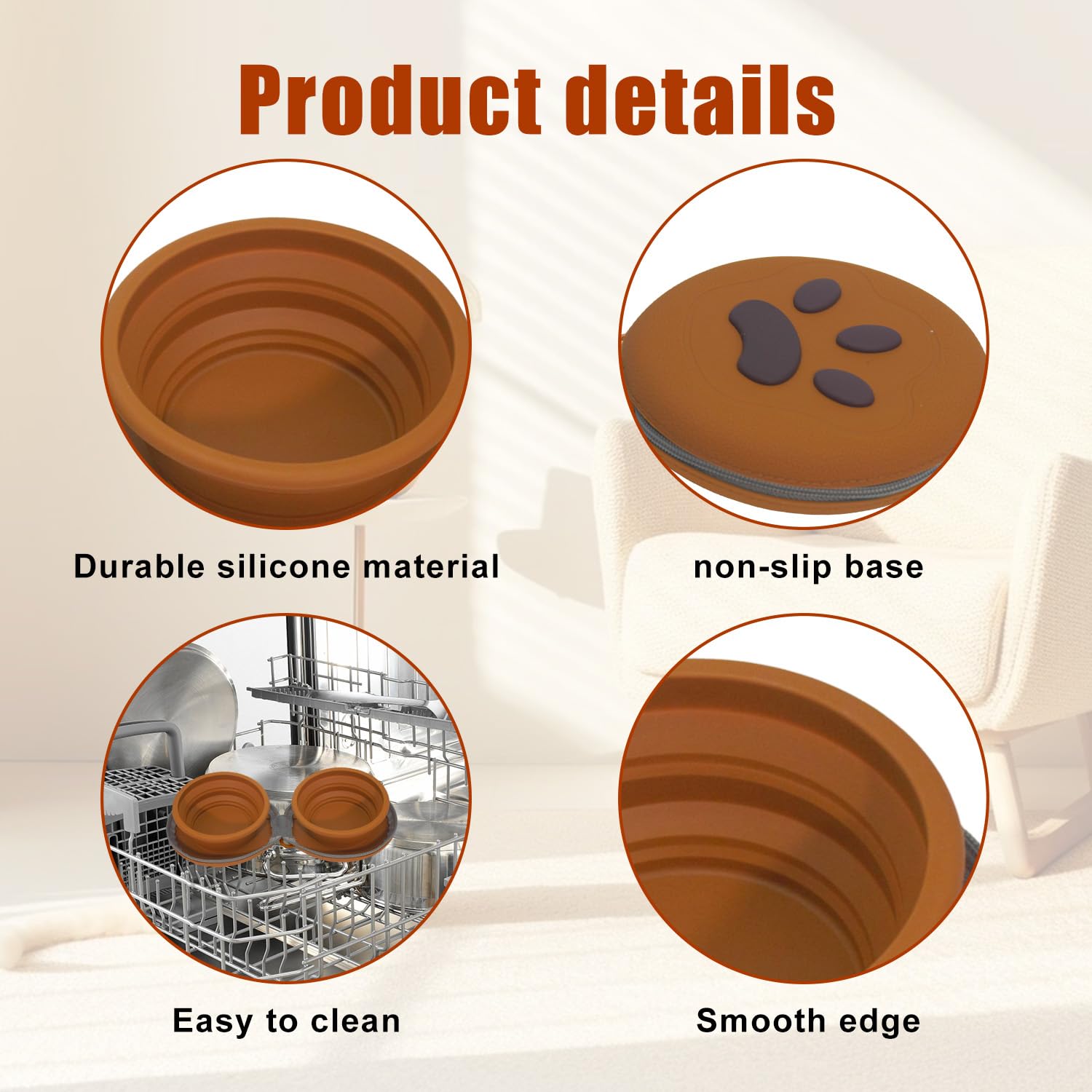 Gdsun Collapsible 2-in-1 Silicone Dog Bowl with Carabiner | Portable Travel Food & Water Dish (Brown)