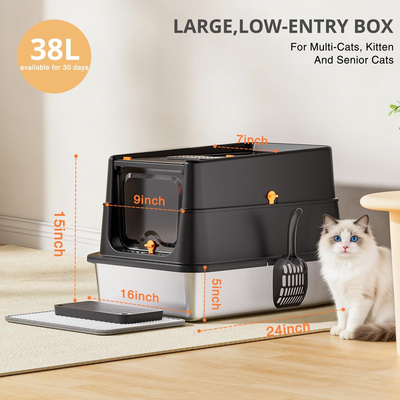 APPKER Stainless Steel Cat Litter Box XL Enclosed Top Entry – Dual Entrance & 65L Capacity