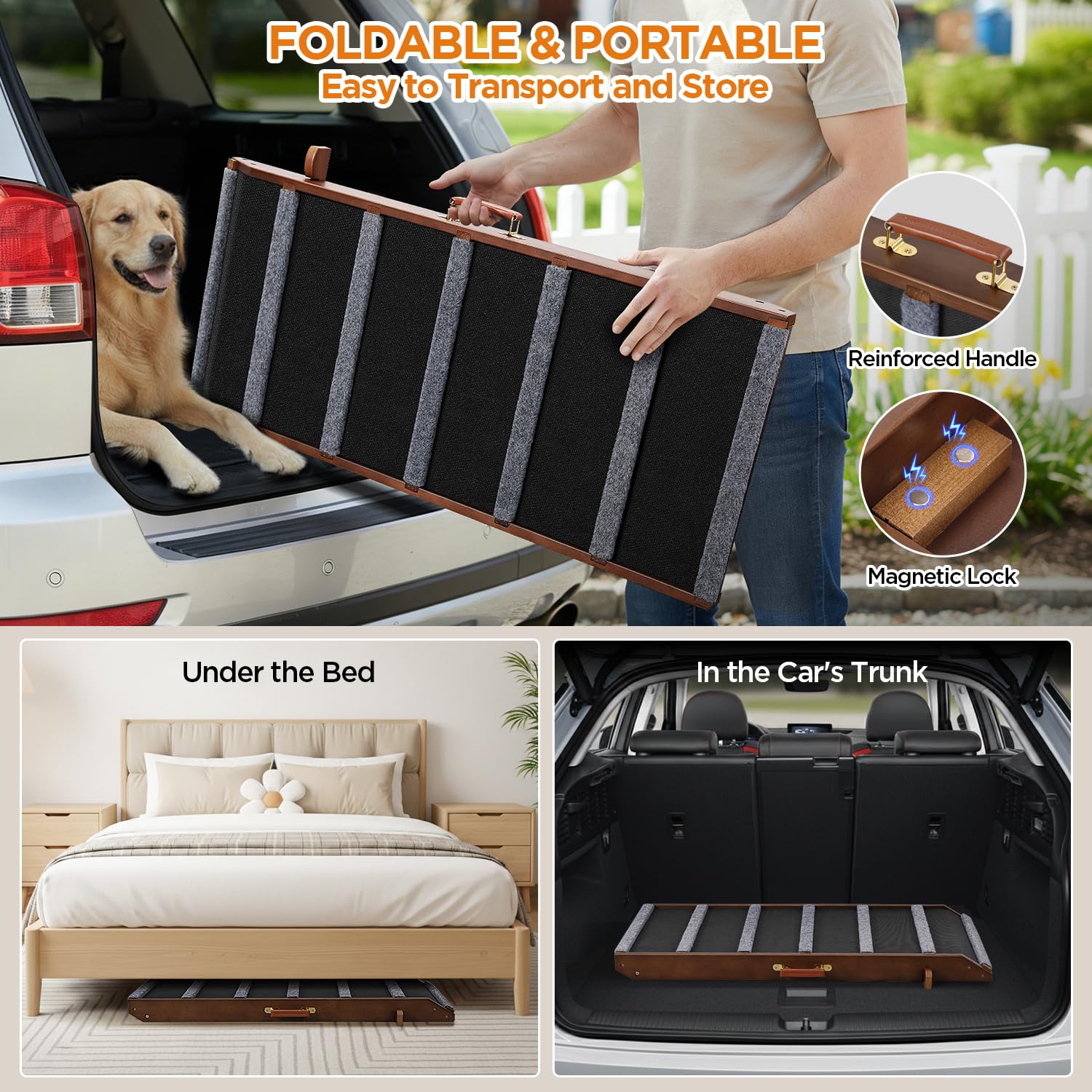 AIMSEAL Dog Ramp for Bed - 17-inch Extra-Wide, Non-Slip Rubber, Adjustable, Walnut Wood