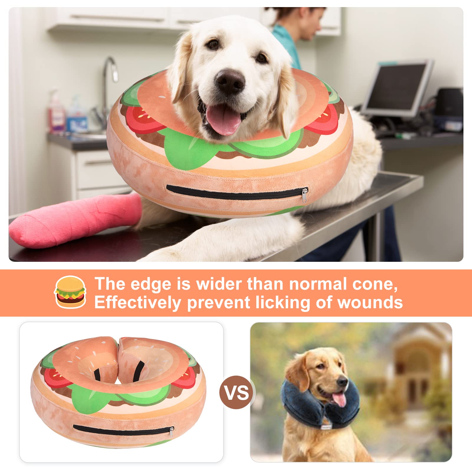 BEAUTYZOO Soft Inflatable Donut Dog Cone Collar – Large (L) for Dogs & Cats, Brown Burger
