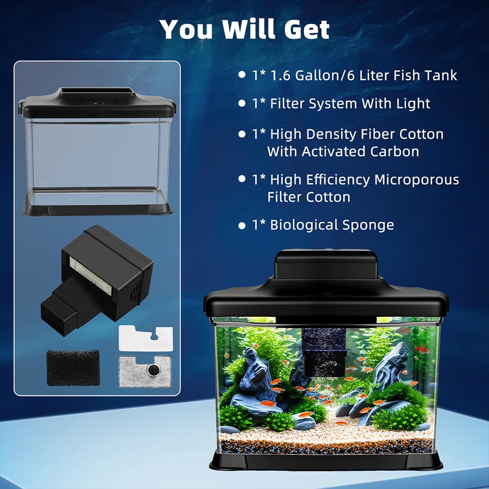 DaToo 1.6 Gallon Ultra-Clear Aquarium Starter Kit with LED Lighting & Quadruple Filtration