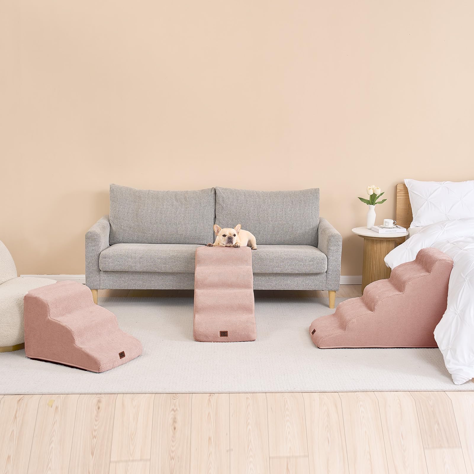 EHEYCIGA Curved Dog Stairs - 19.7 in High, 4-Step Ramp for High Beds, Dusty Pink, Non-Slip