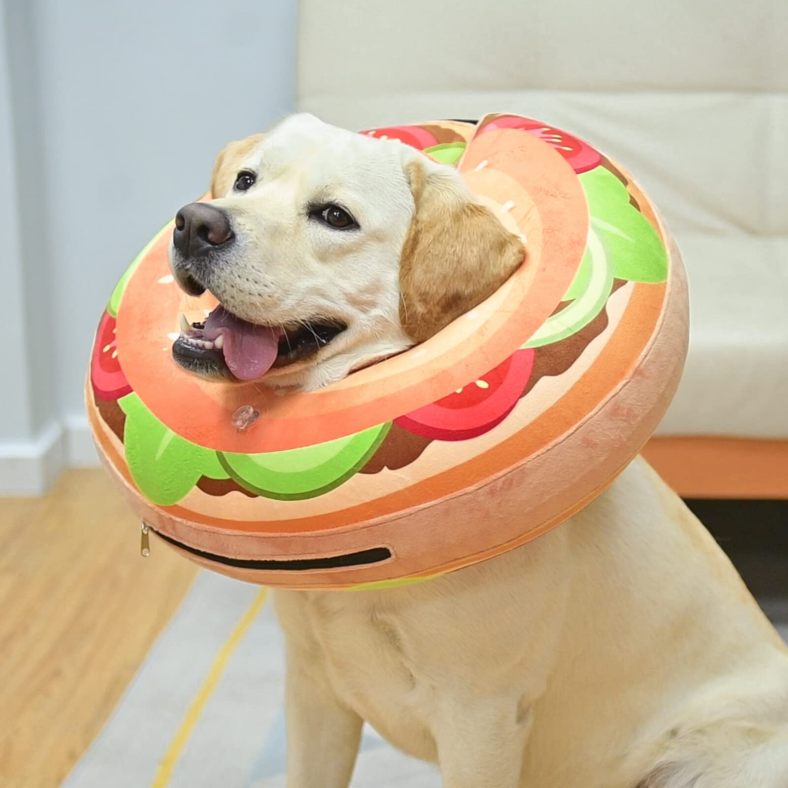 BEAUTYZOO Soft Inflatable Donut Dog Cone Collar – Large (L) for Dogs & Cats, Brown Burger