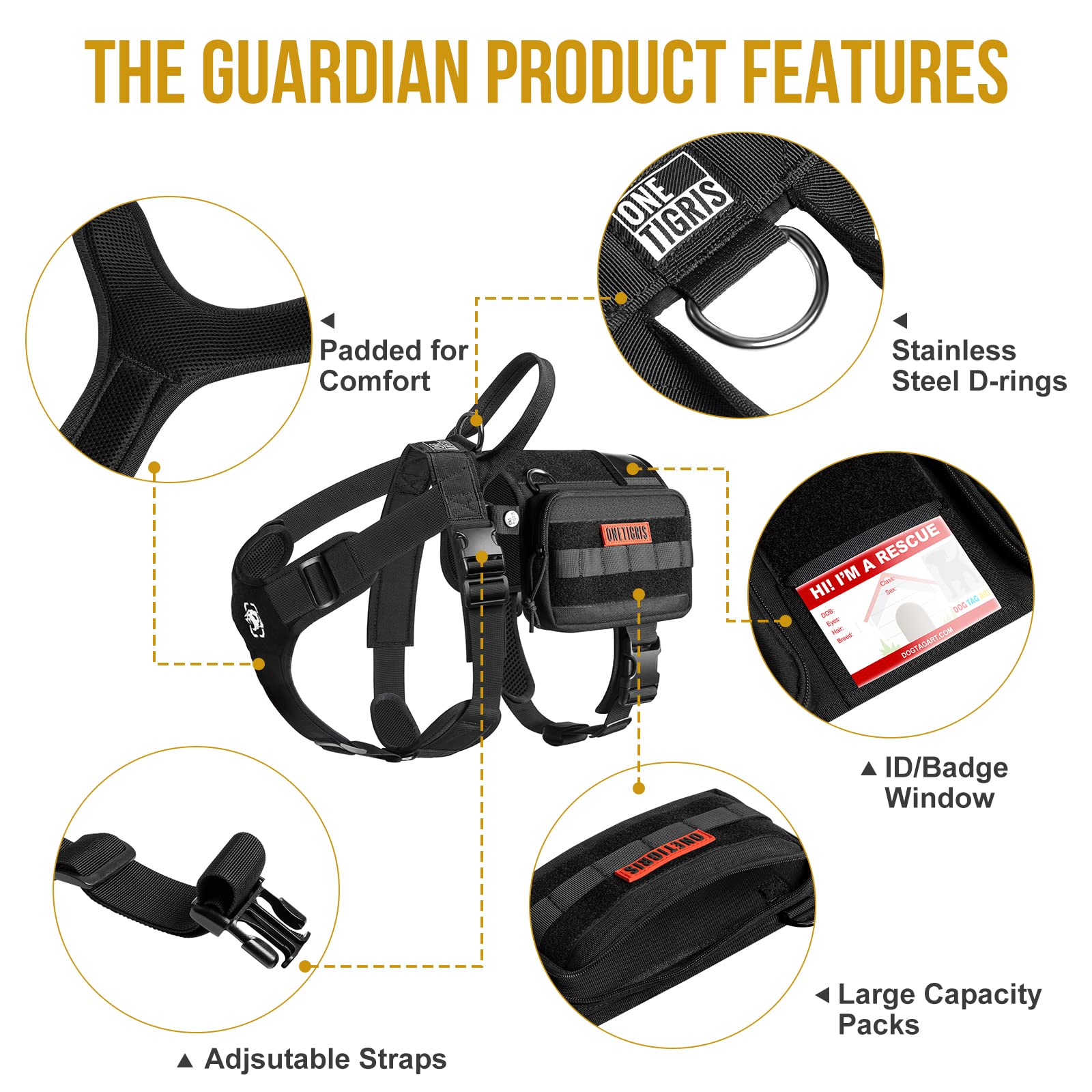 OneTigris service dog vest 1000D nylon for durability.
