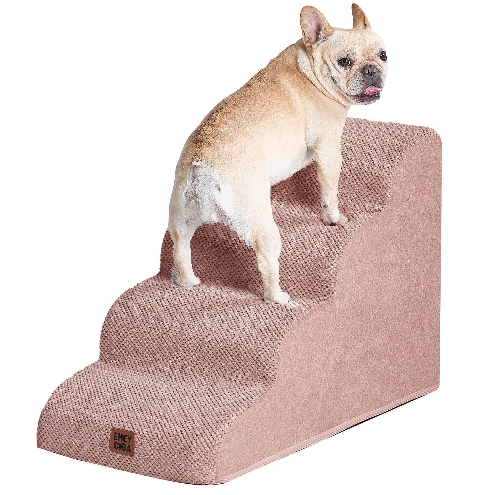 EHEYCIGA Curved Dog Stairs - 19.7 in High, 4-Step Ramp for High Beds, Dusty Pink, Non-Slip
