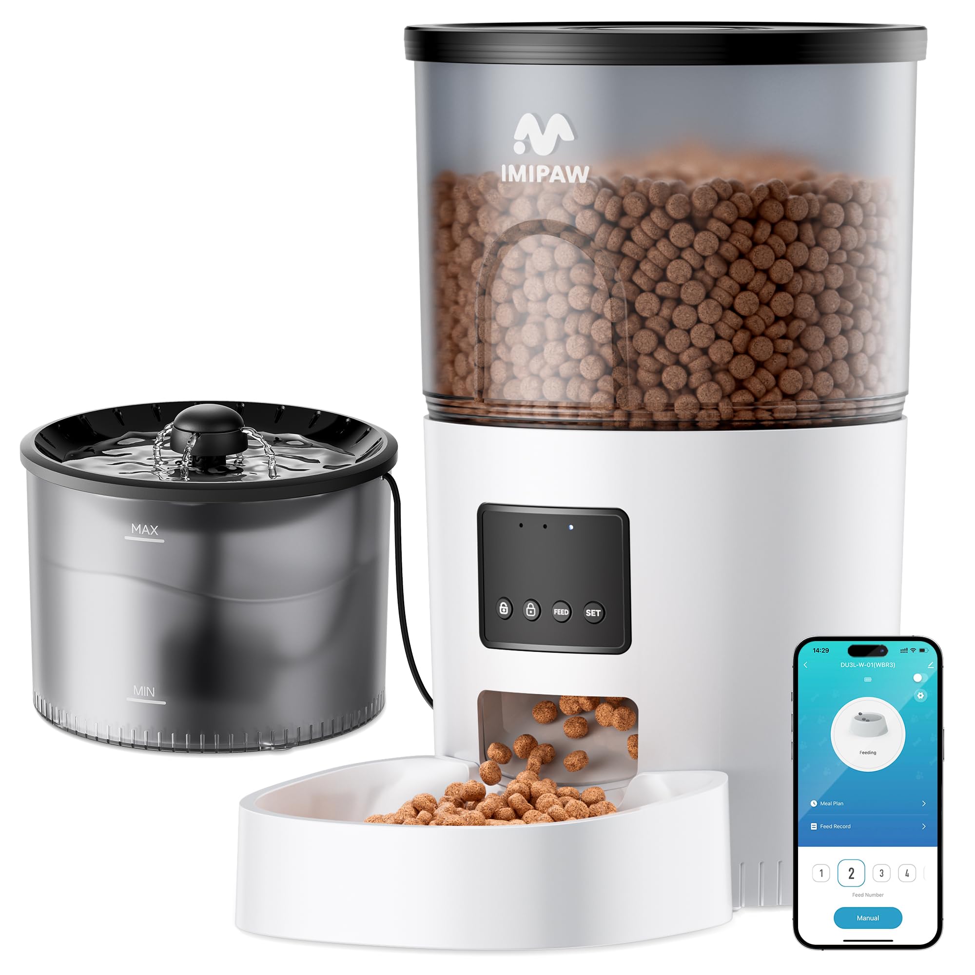 IMIPAW 5G WiFi feeder shown with remote app access for scheduling meals and monitoring.