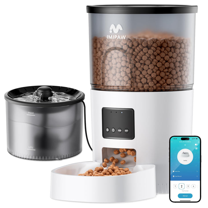 IMIPAW 5G WiFi feeder shown with remote app access for scheduling meals and monitoring.
