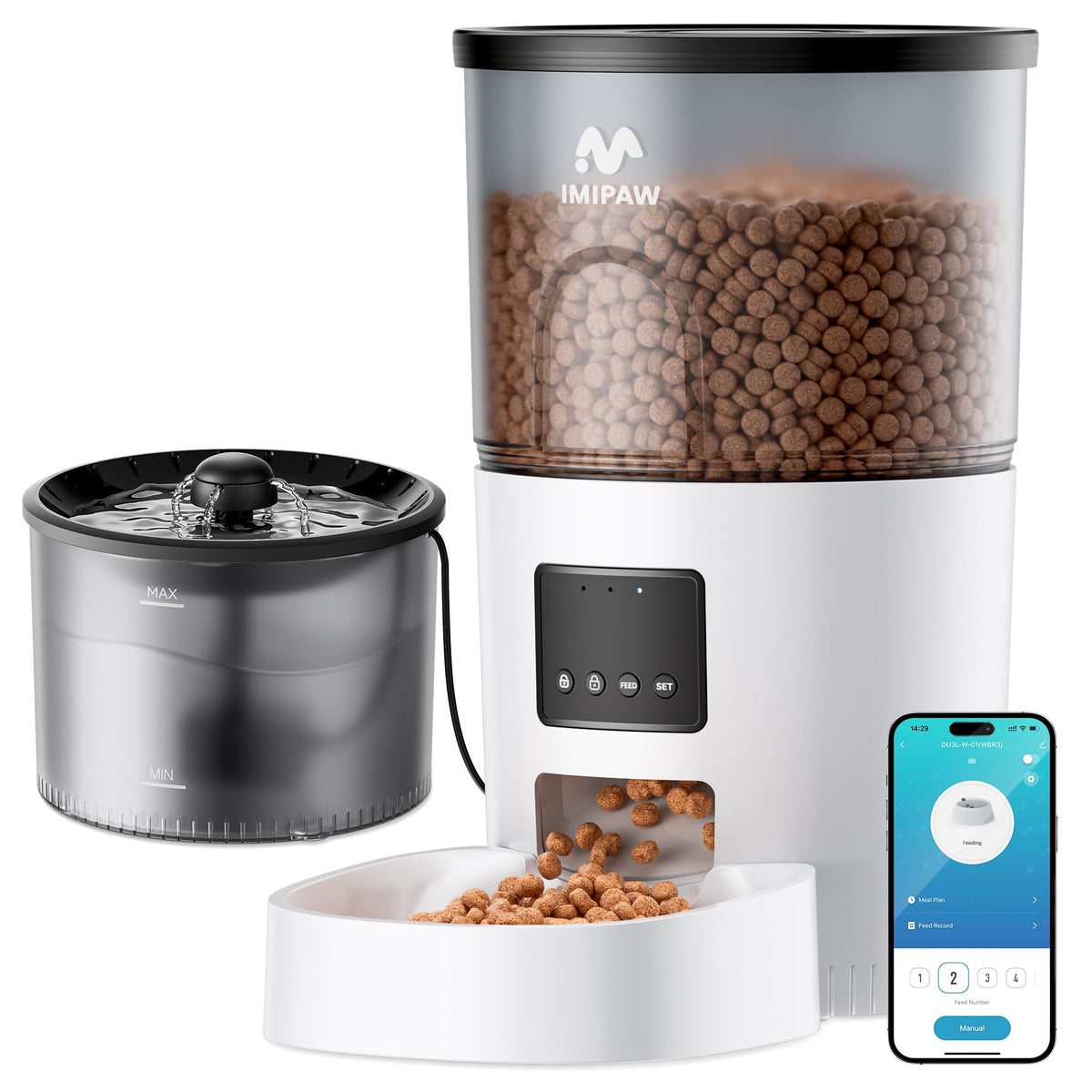 IMIPAW 5G WiFi feeder shown with remote app access for scheduling meals and monitoring.