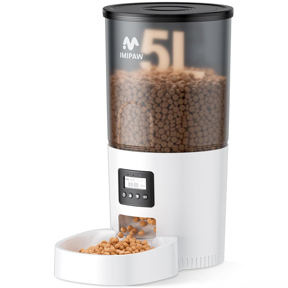 IMIPAW automatic cat feeder front view showing large 5L capacity for scheduled meals.