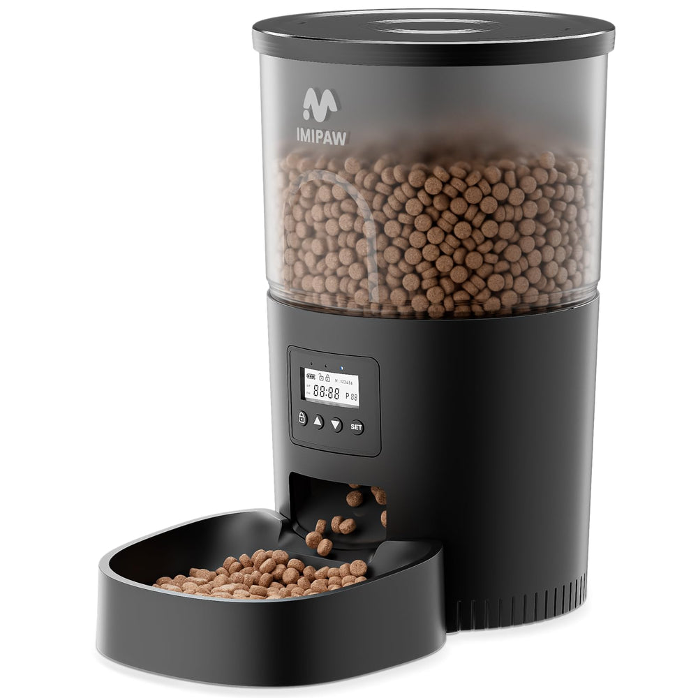 IMIPAW automatic cat feeder front view shows compact, reliable design for homes.
