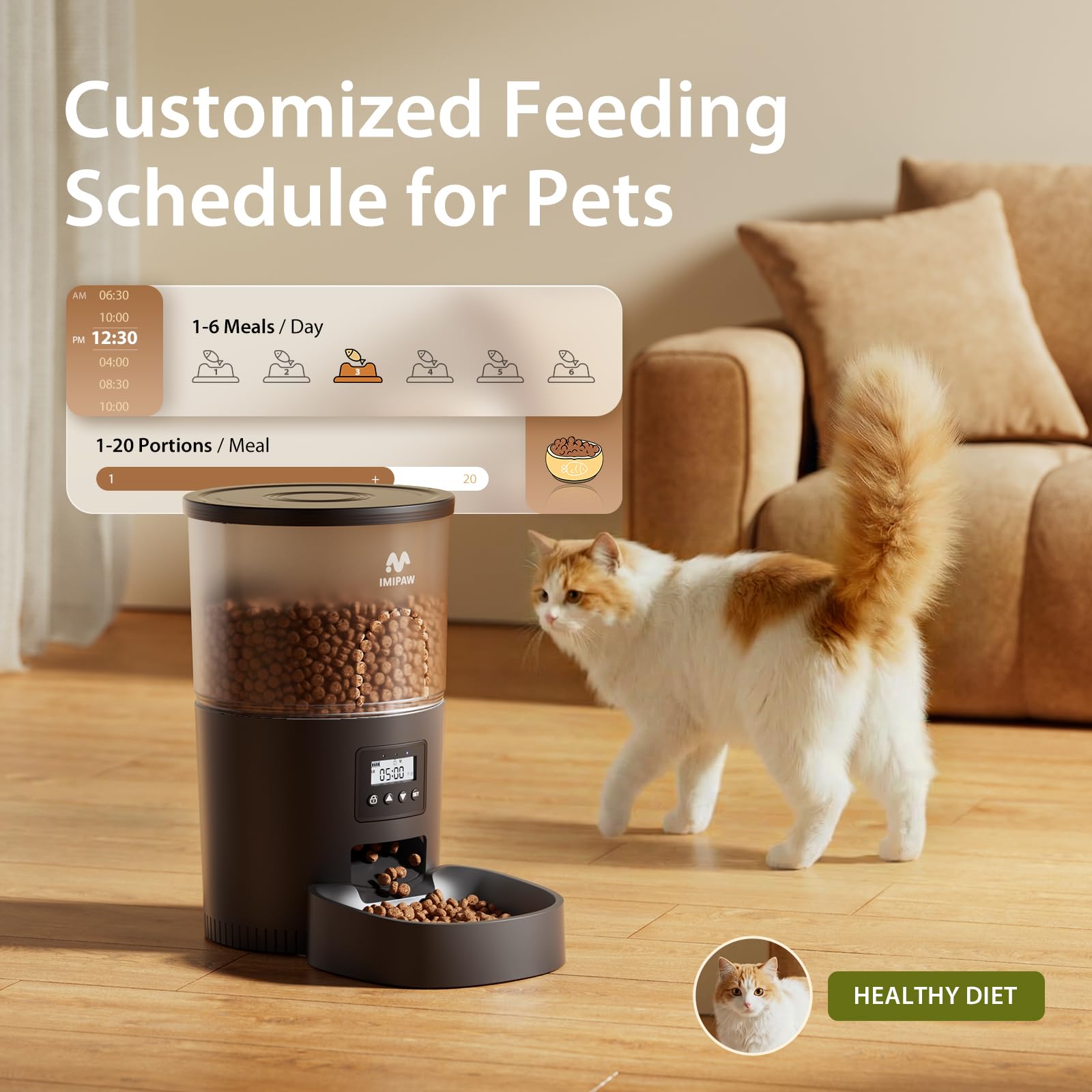 IMIPAW cat feeder LCD display enables quick scheduling of meals.