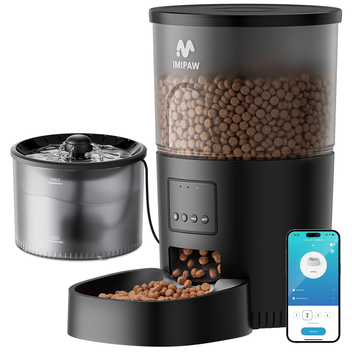 IMIPAW feeder-water combo unit for convenient automatic meals and hydration.