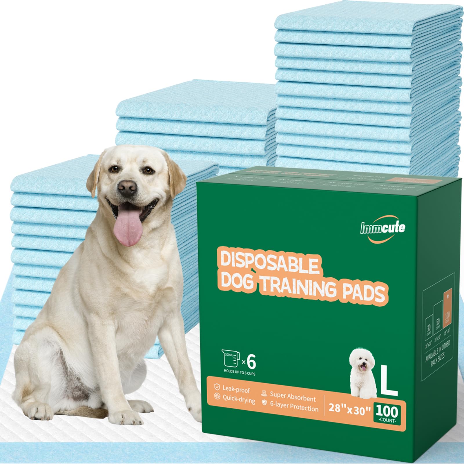 IMMCUTE 100-count dog and cat pads, 28x30 inches, absorbent potty coverage.