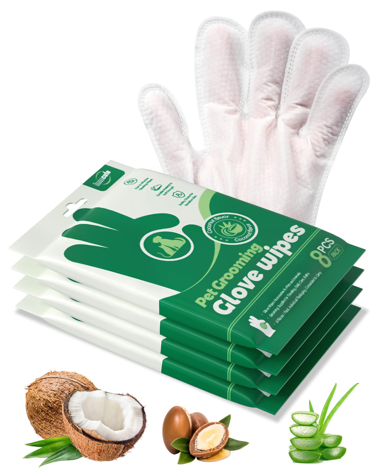 immcute coconut-scented pet wipes gloves for gentle dirt lifting.