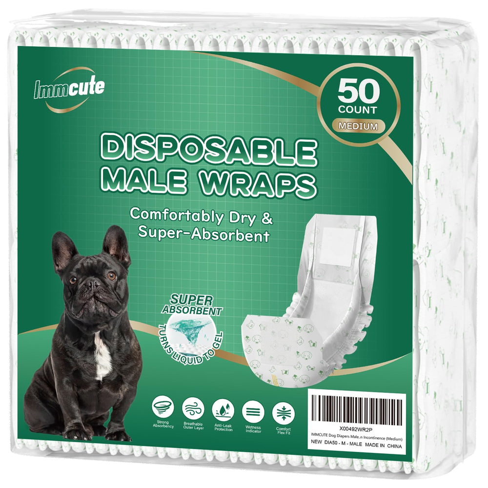 IMMCUTE male dog wraps 50 count packaging for easy handling and quick changes.