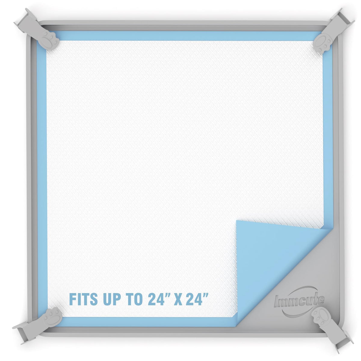 IMMCUTE pee pad holder fits 24x24 pads with a secure base for tidy training areas.