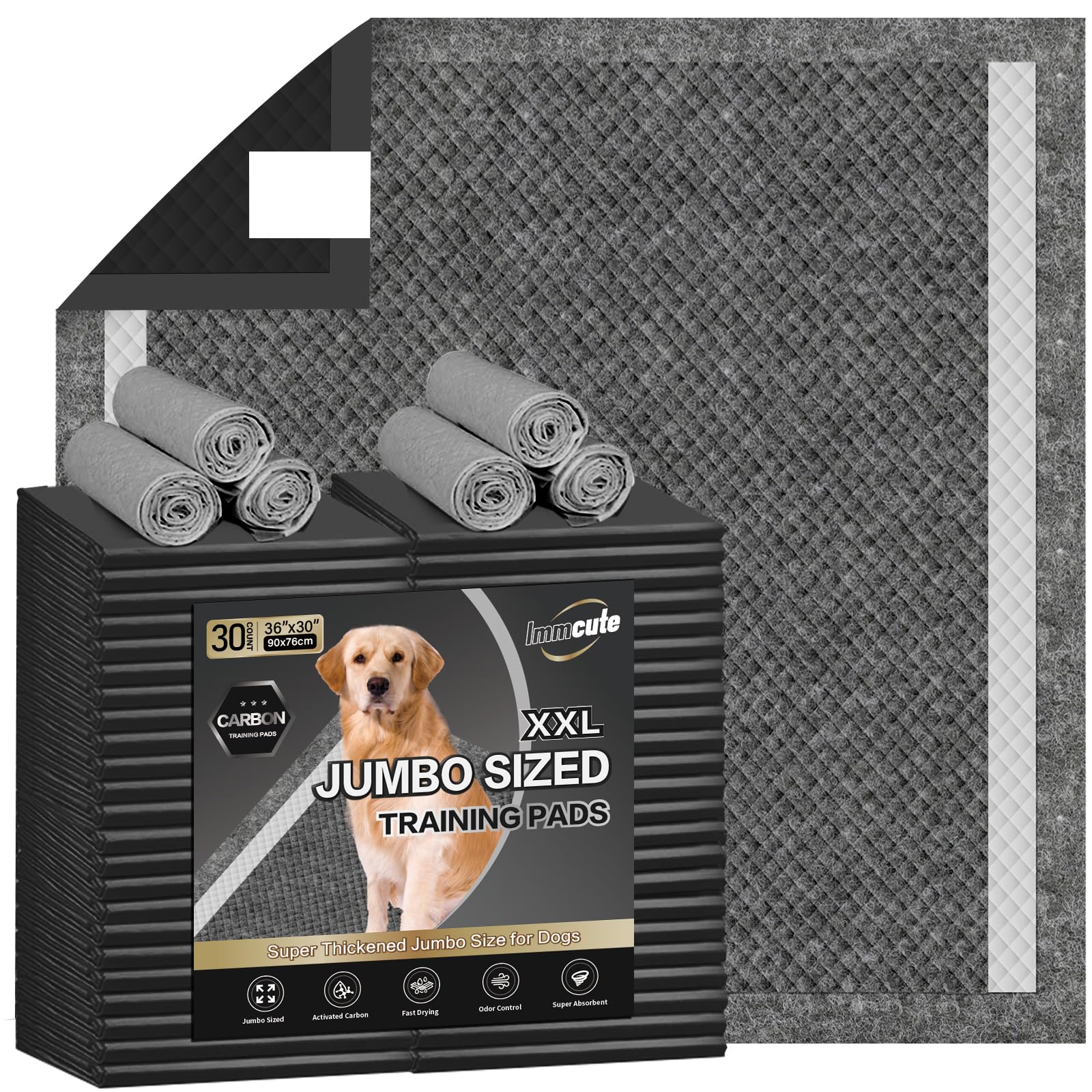 IMMCUTE XXL dog pee pad charcoal-absorbent for quick moisture control.