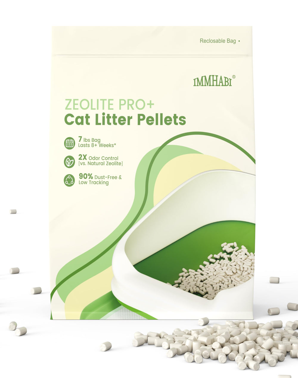 IMMHABI enhanced cat litter pellets in a 7 lb bag with a low-dust design for clean pours.
