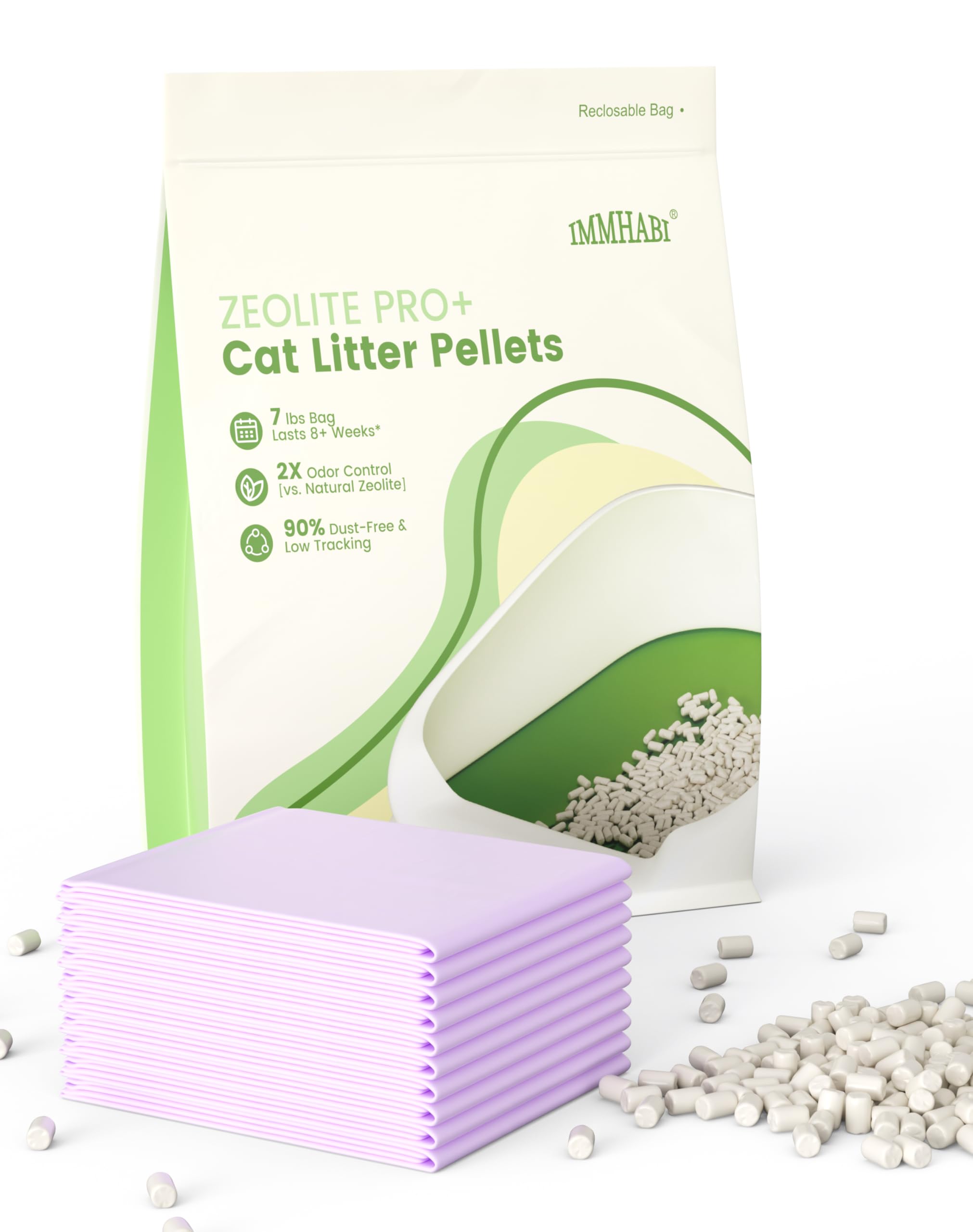 IMMHABI enhanced zeolite cat litter pellets 7lbs reduce tracking and keep litter area tidy.